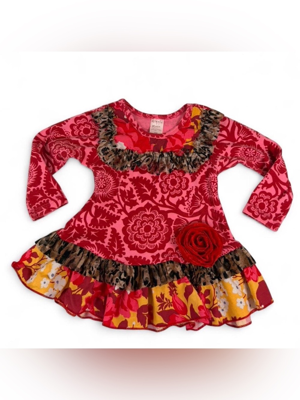 Giggle Moon Red & Pink Floral Ruffle Long-Sleeve Top